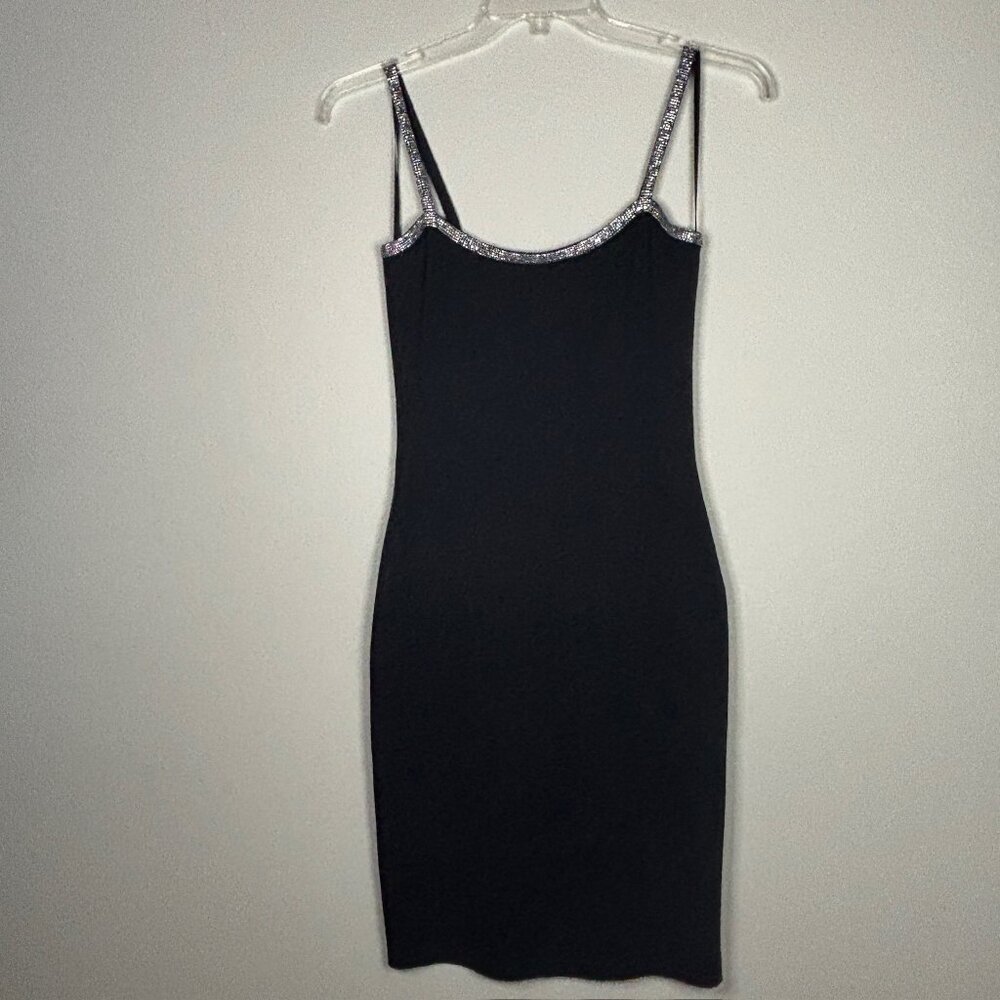 St. John Evening Black Rhinestone Trim Spaghetti Strap Dress , Zip back – Size 4